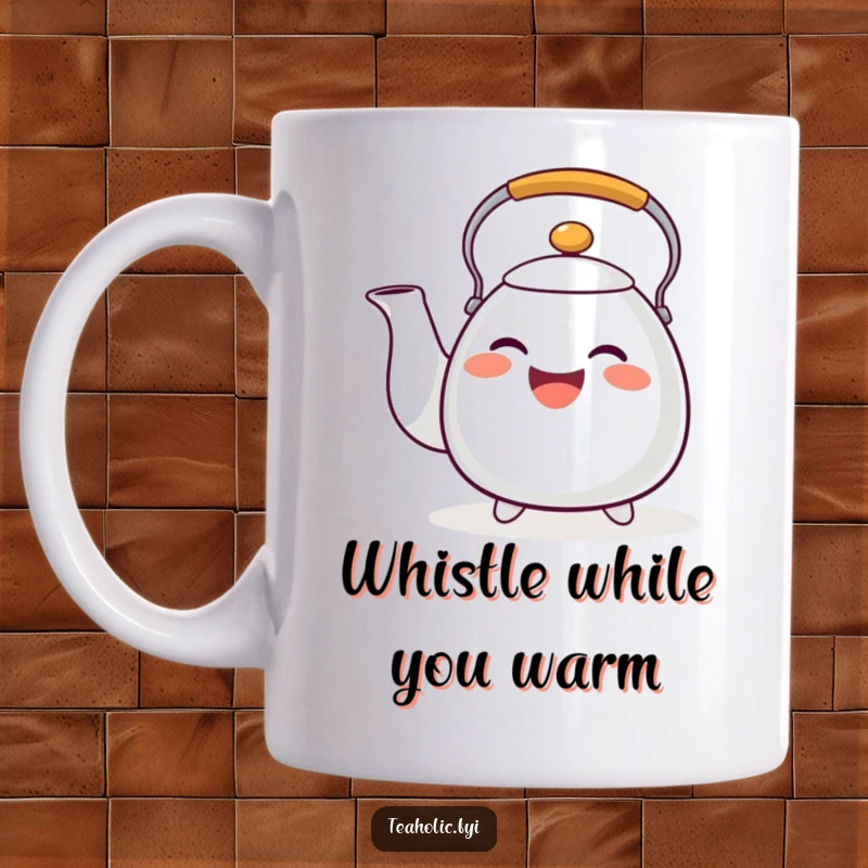 Funny tea kettle mug featuring a happy character whistling with a musical grin, a delightful and funny gift.
