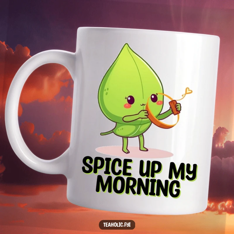 Funny tea leaf mug, character spinning miniature cinnamon stick like a yo-yo, conveying playful energy, perfect funny gift.
