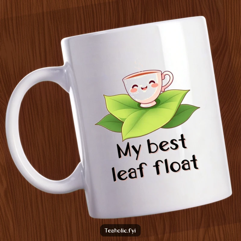 Funny teacup character smiling and joyfully floating on a massive green tea leaf, perfect for a mug gift.