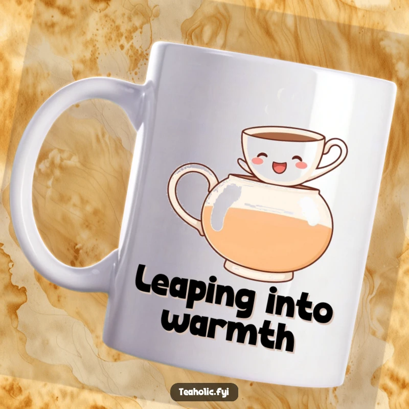Funny mug depicting a cheerful teacup character joyfully leaping into a steaming teapot, celebrating the excitement of tea time.