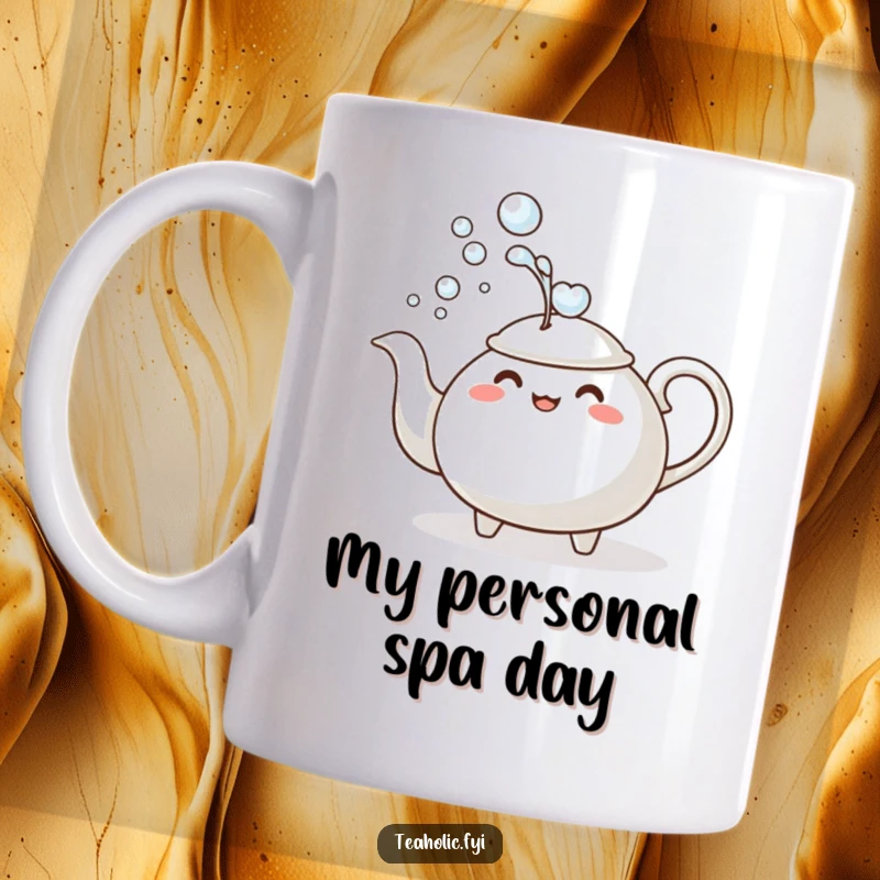 Funny Mug: A teapot character comically dousing itself with a stream of bubbles, designed for tea lovers seeking humorous gifts.