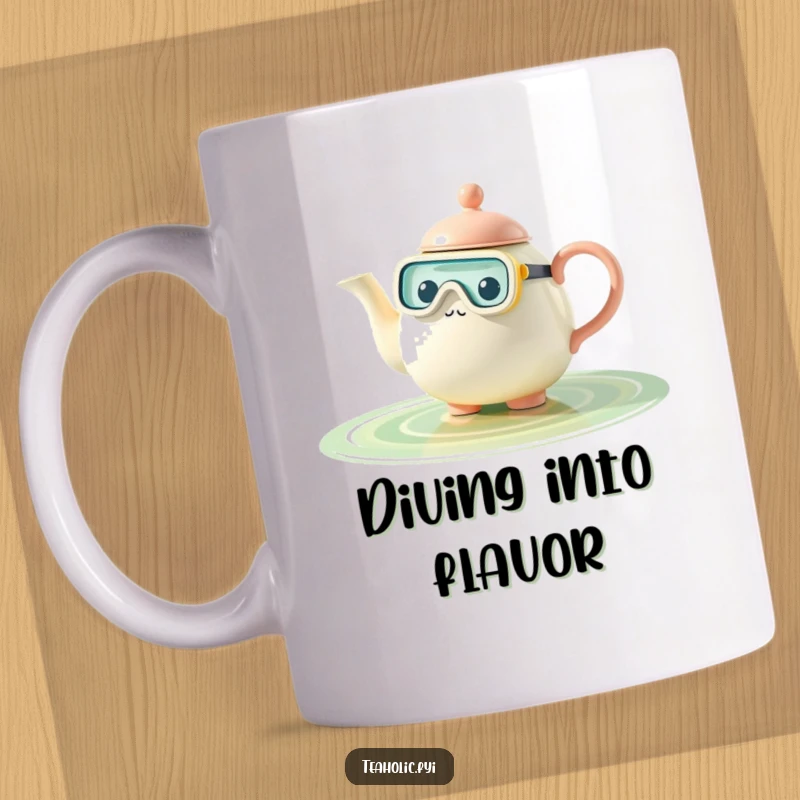 Funny teapot mug, character wearing snorkel, peering into tea pool, conveying exploration, perfect funny gift.