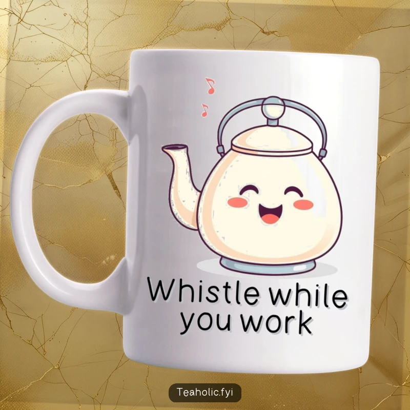 Funny mug featuring a smiling tea kettle happily whistling a tune, exuding cheerful and melodic vibes.