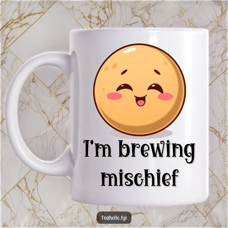 Funny mug design of a round coffee bean winking mischievously, radiating warmth and humor.
