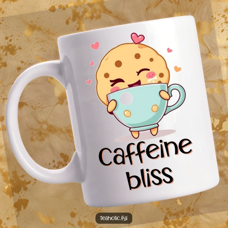 Funny cookie mug featuring a cute cookie character winking mischievously, holding a teacup that overflows with visible joy.