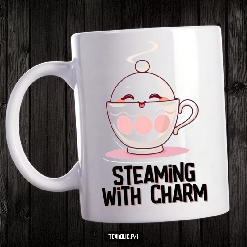 Funny mug featuring a steaming teacup character playfully winking with a mischievous and charming expression.