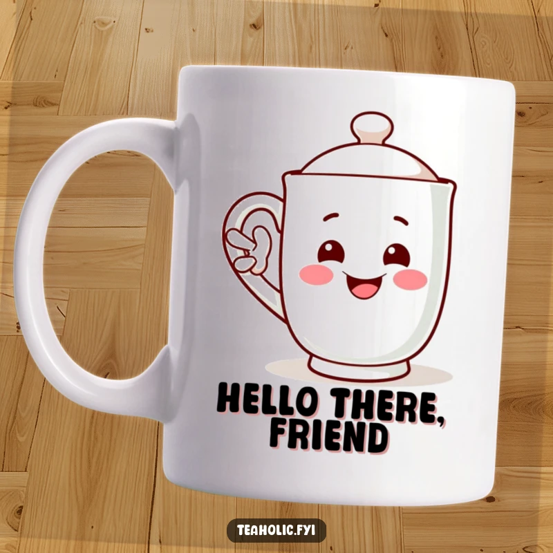 Funny mug with a smiling character waving friendly with its handle, a welcoming funny gift.
