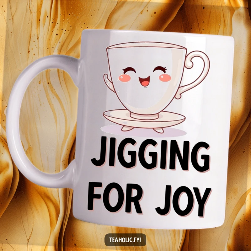 Funny mug showing a cheerful teacup character with saucer feet enthusiastically dancing a lively jig.