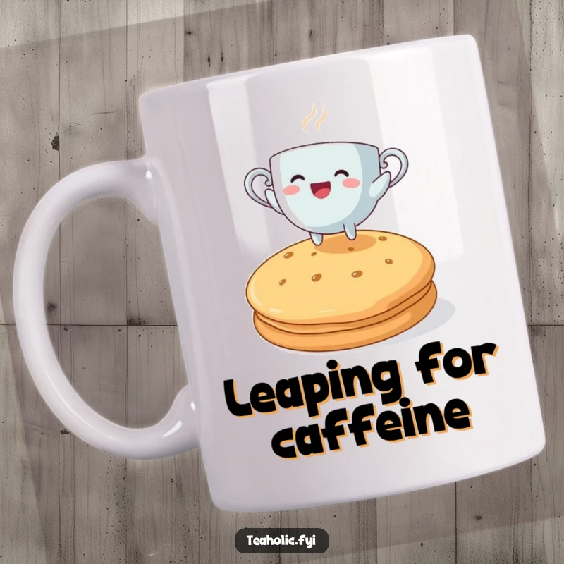 Funny steaming teacup character happily leaping over a massive biscuit, a whimsical and energetic design.