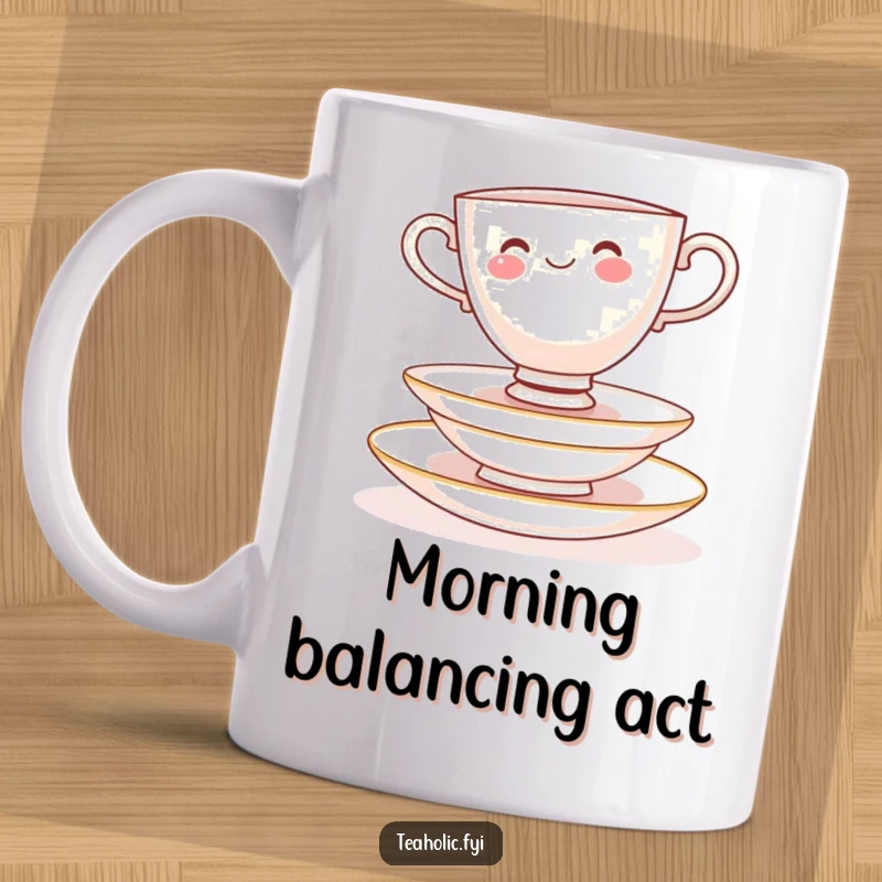 Funny Mug: A cheerful teacup character balancing on a stack of delicate saucers, whimsical and perfect for gifting.