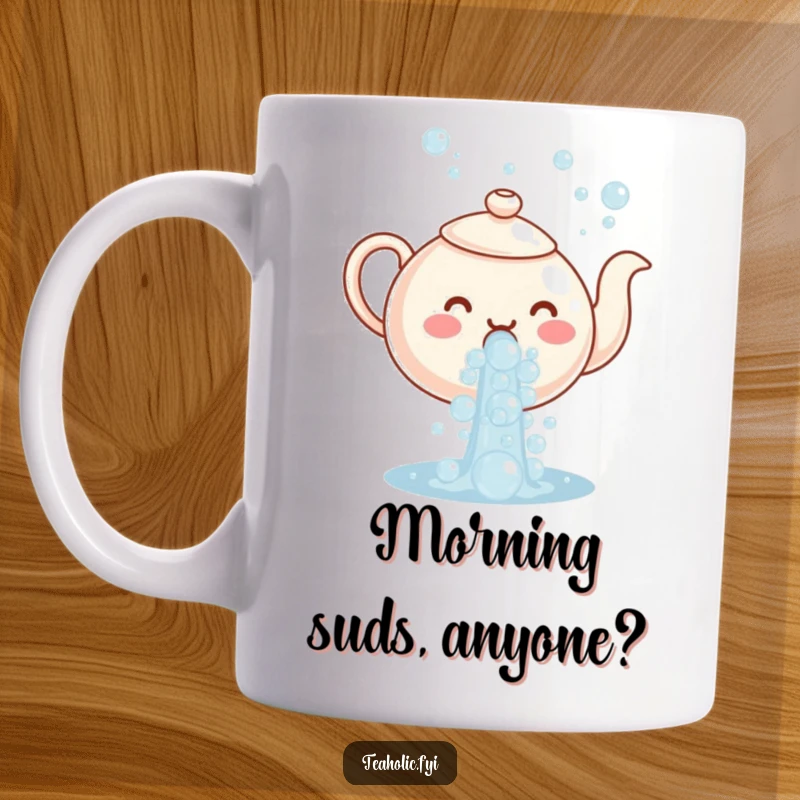Funny mug with a cheerful teapot character pouring a delightful cascade of sparkling bubbles, spreading bubbly joy.