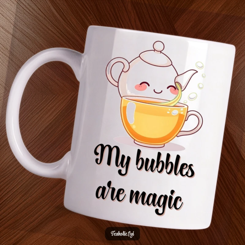 Funny mug featuring a giggling teapot character joyfully pouring tea bubbles into a waiting teacup, embodying pure tea-time delight.