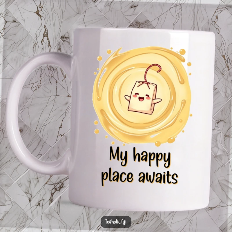 Funny mug featuring a delighted tea bag character floating ecstatically in a swirling vortex of tea, a perfect funny gift.
