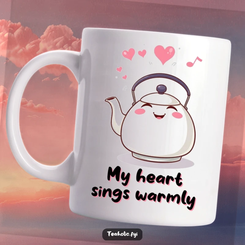 Funny grinning tea kettle character whistling with steam forming a heart on a mug, symbolizing warmth and happiness.