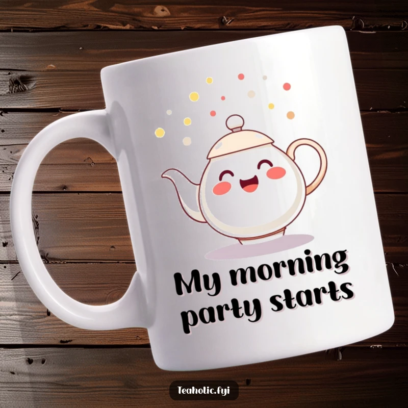 Funny mug with a cheerful teapot character spilling playful tea droplets like confetti, a festive funny gift.