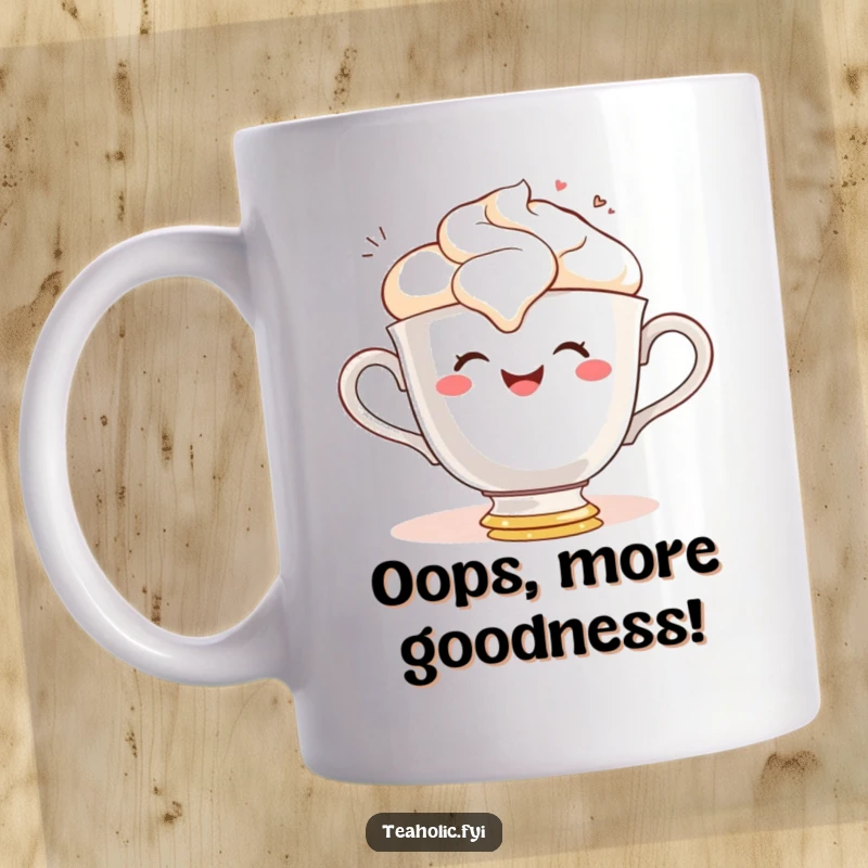 Funny mug featuring a gleeful teacup character joyfully spilling frothy tea with a wide smile, embodying happy accidents.