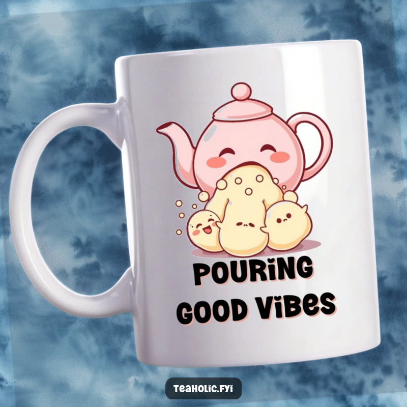 Funny mug showing a giggling teapot character pouring a stream of cheerful, bubble-like characters, full of fun.
