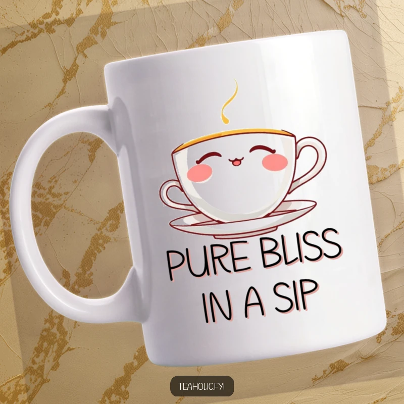 Funny teacup mug with a thrilled character blissfully sipping tea with closed eyes, conveying ultimate relaxation and enjoyment.