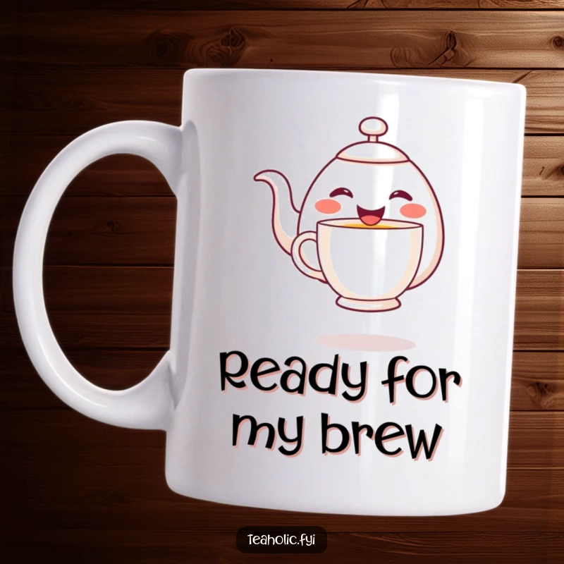 Funny cheerful teapot character joyfully pouring tea into a hovering mug, depicted on a ceramic mug.