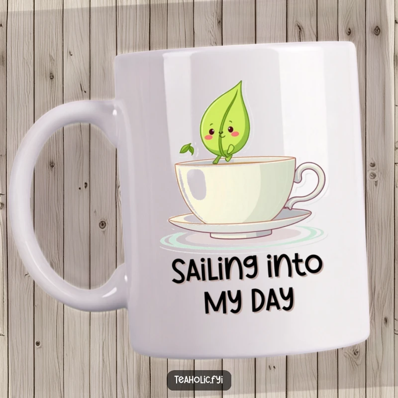 Funny mug with a smiling tea leaf character sailing across a large teacup like a boat, a charming funny gift.