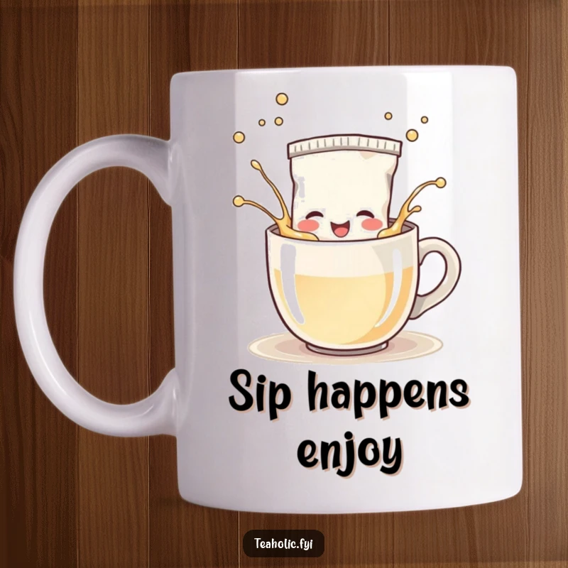 Funny Mug: A happy tea bag character splashing playfully in a steaming mug, perfect for tea lovers and a funny gift.