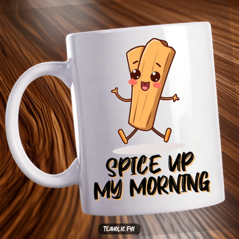 Funny Cinnamon Stick Mug featuring a playful cinnamon stick character marching with enthusiasm and a silly, happy expression.