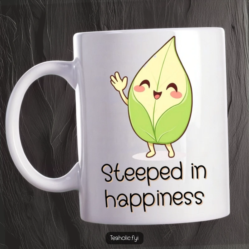 Funny waving tea leaf mug, a smiling character enthusiastically waving hello, bringing joy and a positive, humorous greeting.