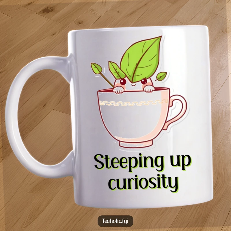 Funny mug featuring a curious tea leaf character peeking over the rim of a teacup, inviting a playful start to the day.
