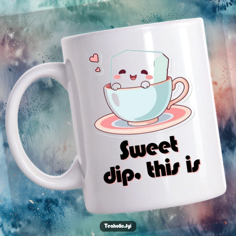 Funny mug featuring a happy sugar cube character swimming playfully in a teacup, capturing a moment of sweet, comical joy.
