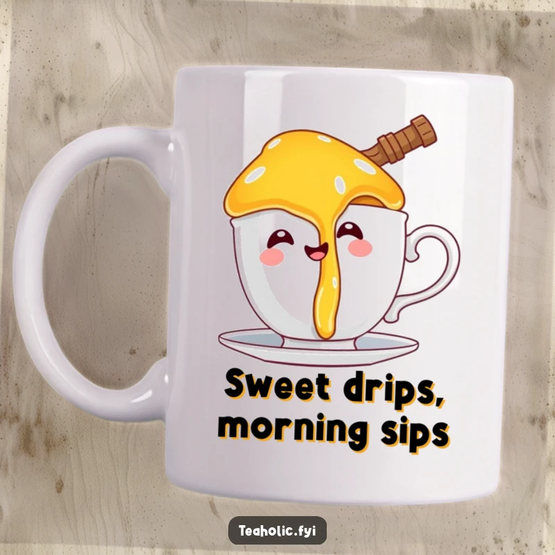 Funny mug featuring a happy honey pot character comically dripping its sweet contents onto a teacup handle, perfect for a tea lover.