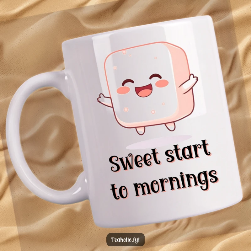 Funny mug featuring a jolly sugar cube mid-bounce, radiating pure, unadulterated happiness and sweet energy.