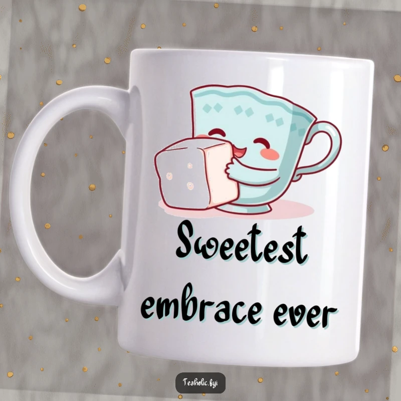 Funny teacup mug, character comically attempting to hug sugar cube, conveying adorable struggle, perfect funny gift.