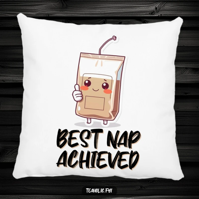Funny pillow with a happy tea bag character projecting a thumbs up, adding a touch of humor to any seating area.