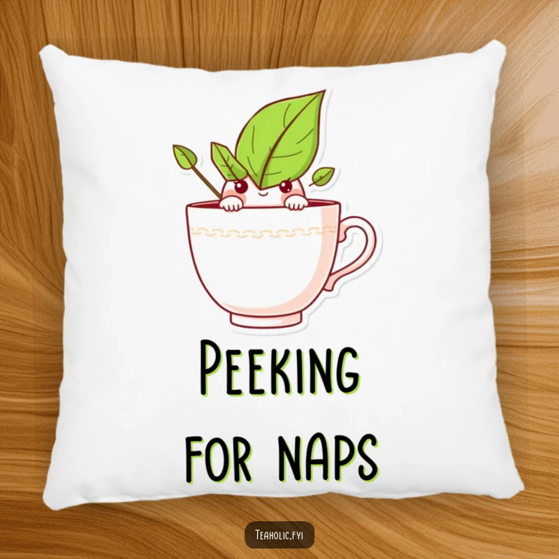 Funny pillow with a curious tea leaf character peeking over a teacup rim, offering comfort and playful curiosity.