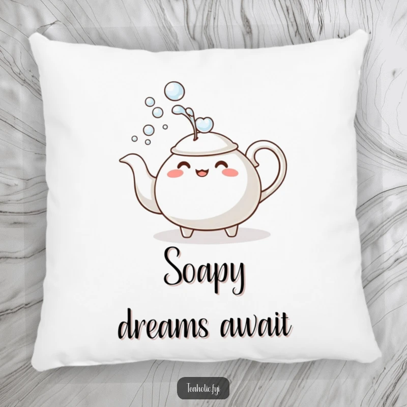 Funny Pillow: A teapot character comically dousing itself with a stream of bubbles, offering comfort and comedic delight.
