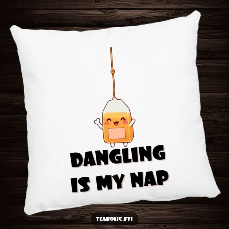 Funny pillow with a delighted tea bag character gently dangling from a string and waving, bringing comfort and smiles.