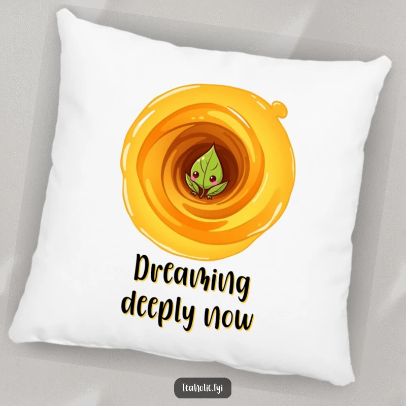 Funny Pillow: Curious tea leaf character peeking from a swirling vortex of tea, soft and mystical.