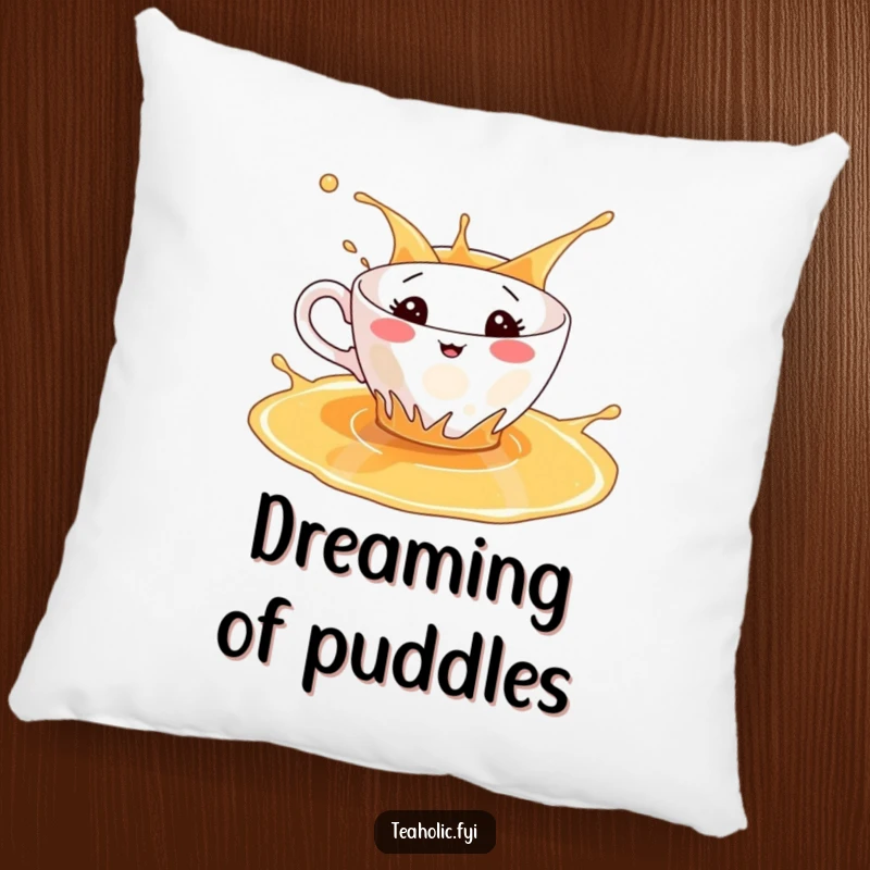 Funny pillow featuring a teacup splashing in a puddle of tea, adding whimsical comfort and tea-themed fun.