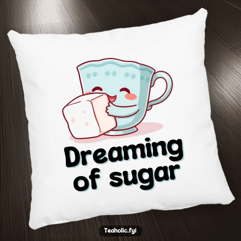 Funny teacup pillow, character comically hugging sugar cube, soft and charming, perfect funny gift.