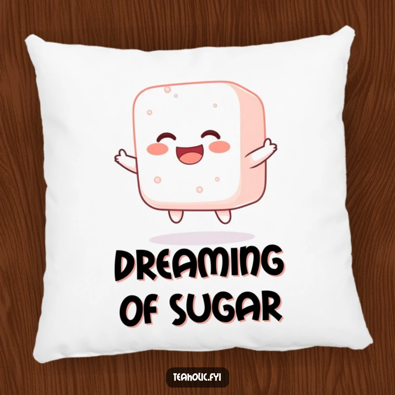 Funny pillow featuring a jolly sugar cube bouncing with pure joy, offering soft, sweet comfort and cheerful vibes.