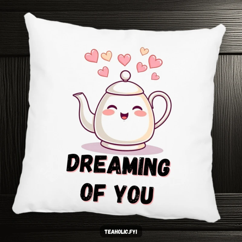 Funny tea kettle pillow, giggling character with heart steam, soft and cozy, perfect funny gift for relaxation.