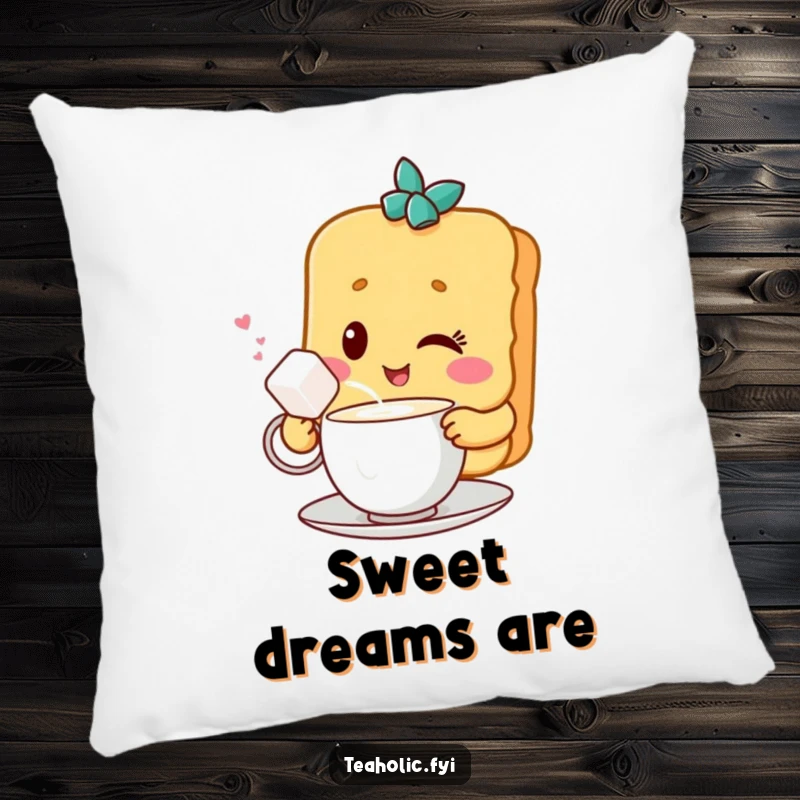 Funny pillow featuring a winking biscuit character sharing tea with a sugar cube, offering plush comfort and a sweet, humorous scene.