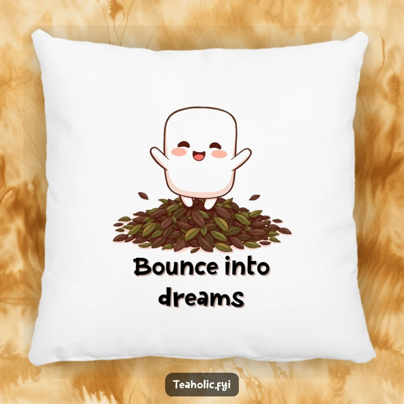 Funny giggling marshmallow character playfully bouncing on a pile of tea leaves, embroidered on a soft, decorative pillow.