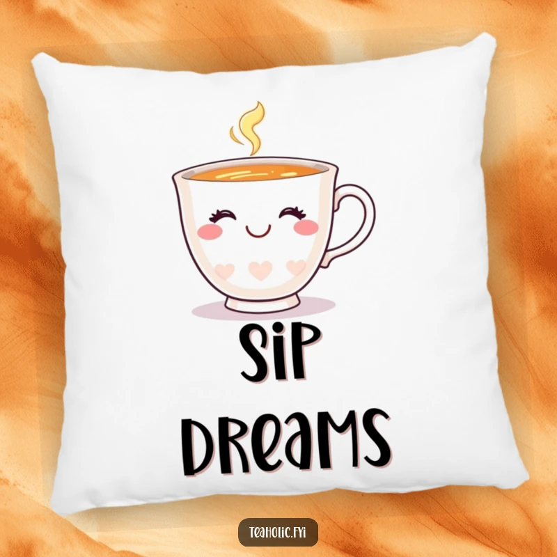 Funny teacup pillow featuring a happy teacup with a charming smile and a wink, offering soft comfort and cheer.