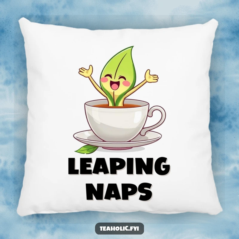 Funny tea leaf pillow featuring a joyful tea leaf character leaping with excitement from a teacup, offering soft comfort.