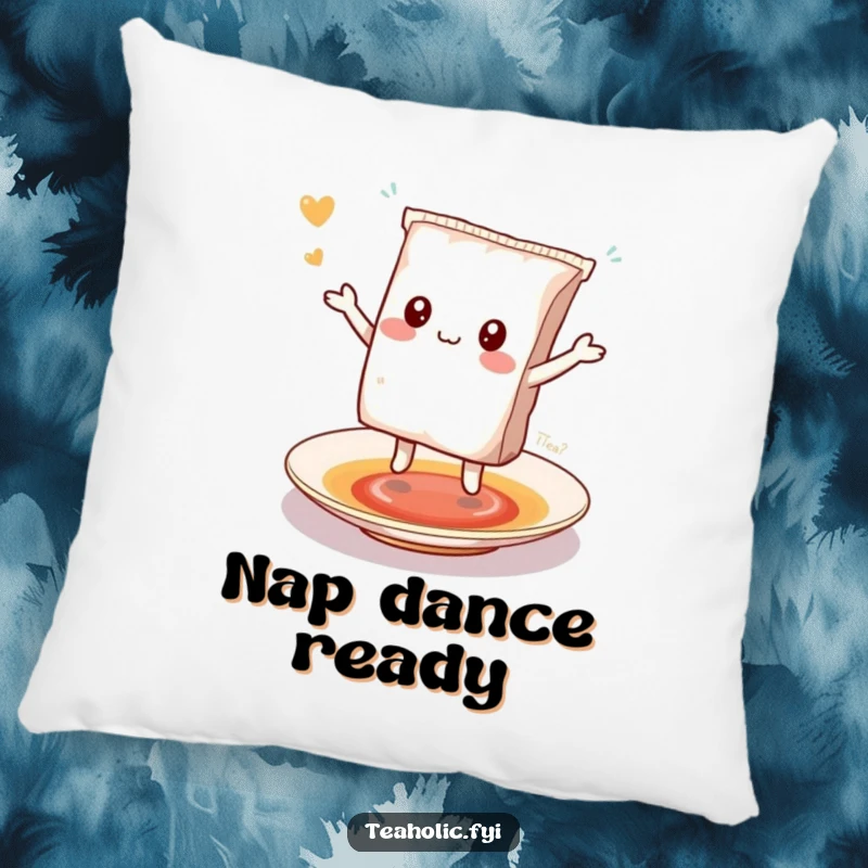 Funny kawaii tea bag character dancing on a saucer, a soft and funny pillow.