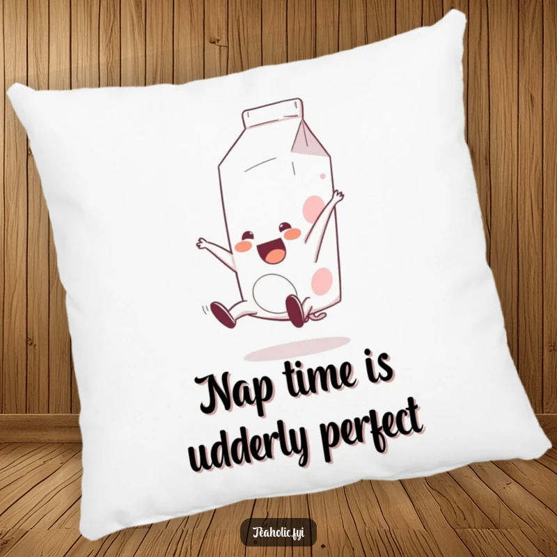 Funny Milk Carton Pillow: A soft pillow showcasing a happy milk carton in a joyful somersault, perfect for decorative comfort.