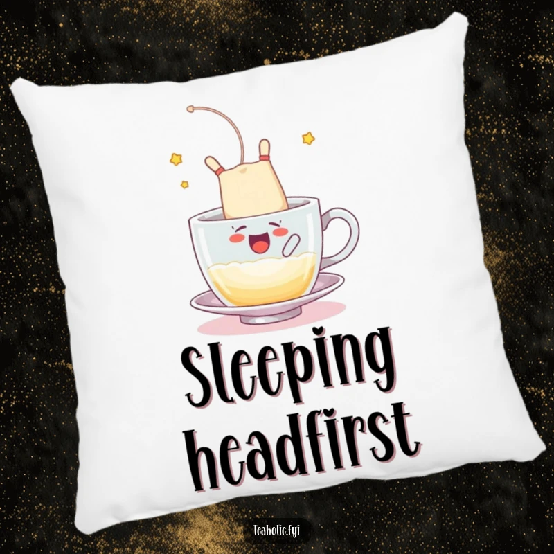Funny pillow with a tea bag character somersaulting into a frothy cup, a soft funny gift.