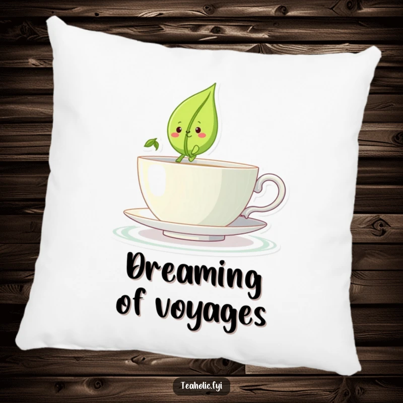 Funny pillow with a smiling tea leaf character sailing on a teacup, a soft funny gift.