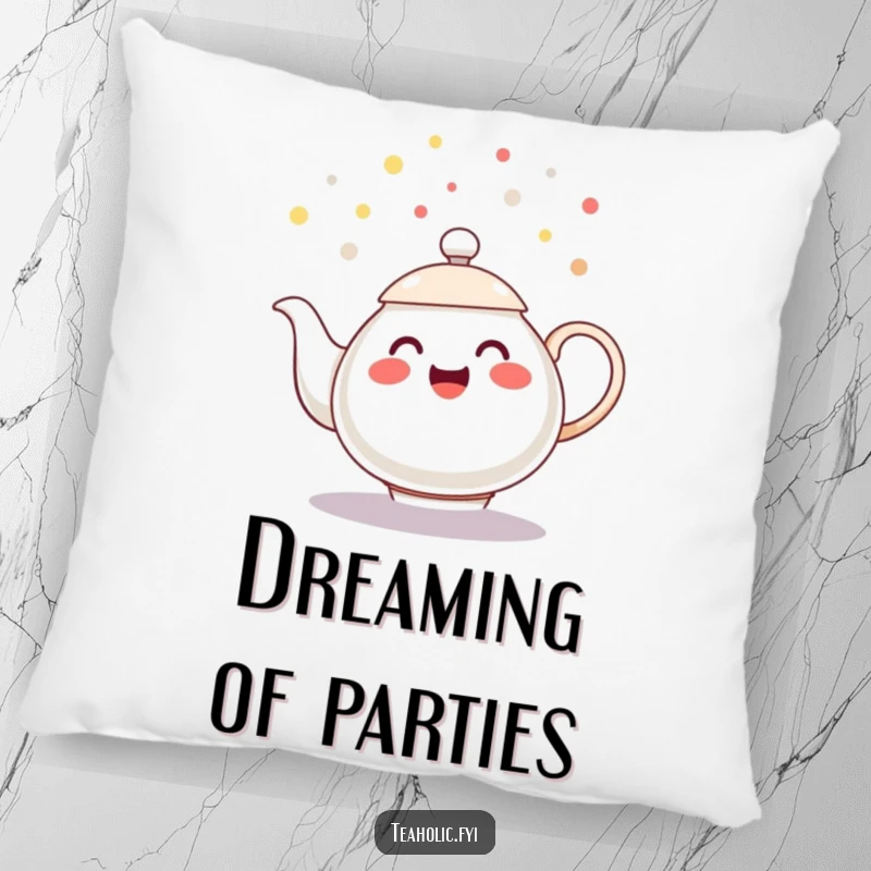 Funny pillow with a cheerful teapot character spilling playful tea droplets like confetti, a soft funny gift.